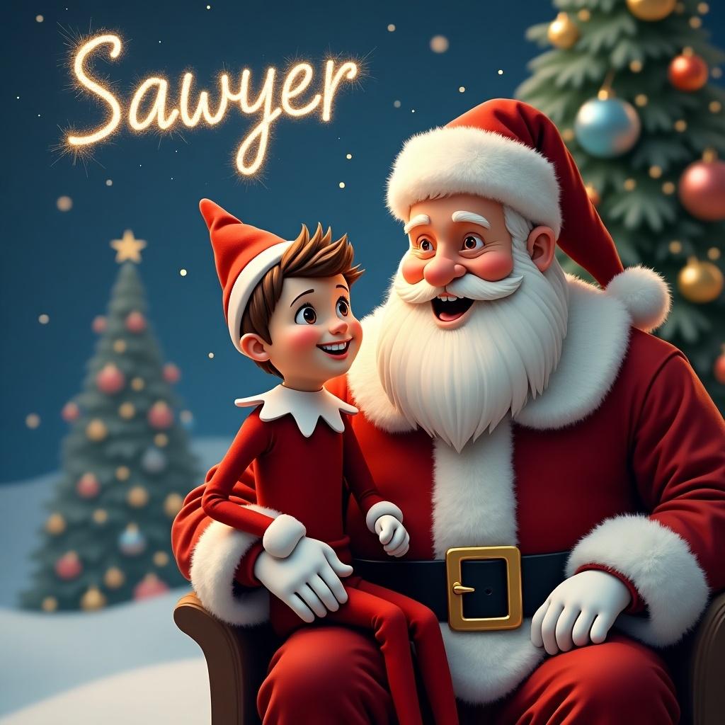 Festive scene with an elf sitting with Santa in a snowy setting. The name Sawyer is in the sky decorated with sparkles.