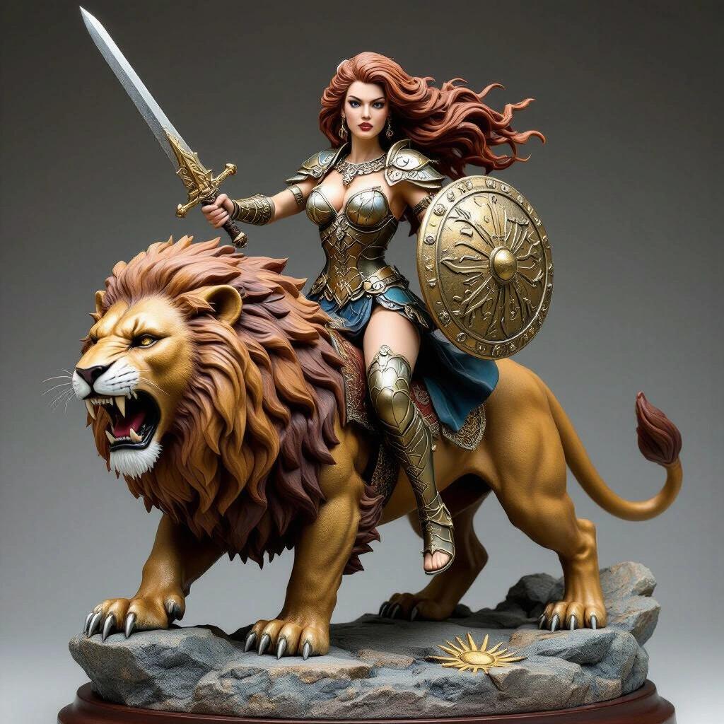 Resin sculpture depicting a fierce goddess on a giant lion. The female figure is strong. Sitting on the lion's back with a confident pose. Wielding a sword and shield representing power. Long light brown hair with white highlights blown by the wind. Wearing stylish feline armor with claw designs. Haughty determined face. Lion roaring fiercely. Rocky base with solar symbols. Semi-realistic style with high detail for resin printing. Epic and sensual aesthetics in Zodiac Queens theme.
