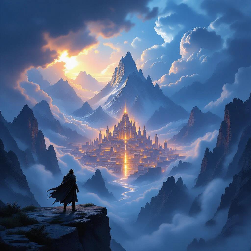 A dramatic fantasy scene features towering mountains and stormy skies. A lone hero stands on a cliff with an ancient glowing city in the distance. The illustration reflects modern artistic styles and trends.