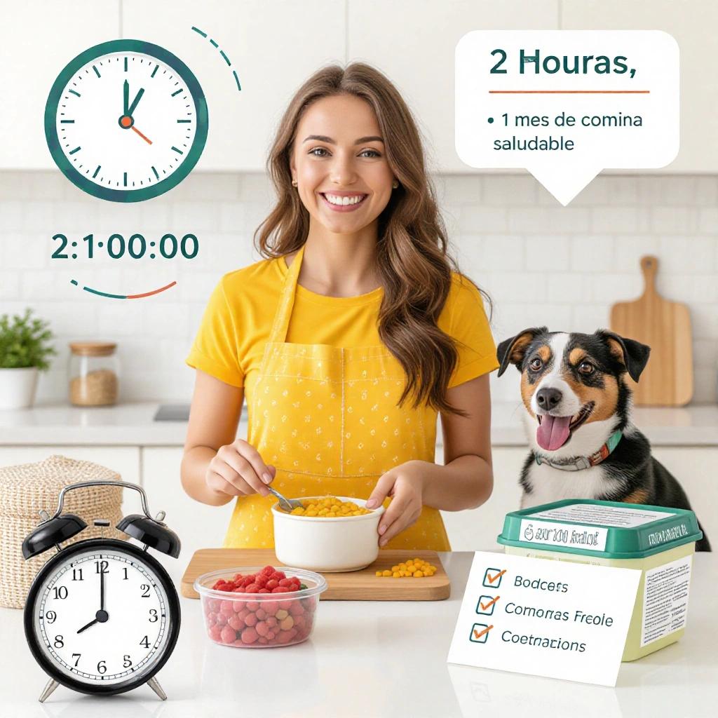 Cheerful young woman in bright kitchen preparing homemade dog food with fresh ingredients. Timer on counter shows two hours. Dog watching happily. Container labeled 'Comida BARF para 1 mes'. Clock graphic and speed organization cues included. Text says '2 horas, 1 mes de comida saludable'.