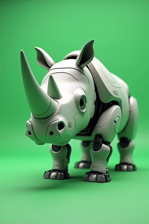 3D animation of a robotic rhinoceros with one horn on a green background.