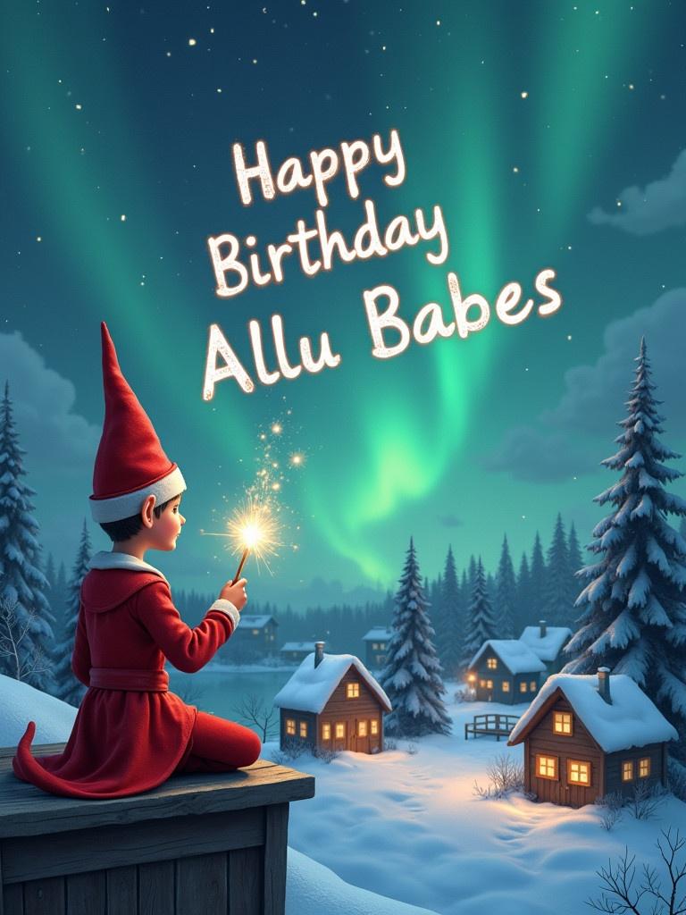 An elf sits on a ledge gazing at the sky. The elf wears a red outfit and a pointed hat. The elf holds a sparkly wand and creates words in the sky. The background shows snow, little houses, and evergreen trees under Northern Lights.