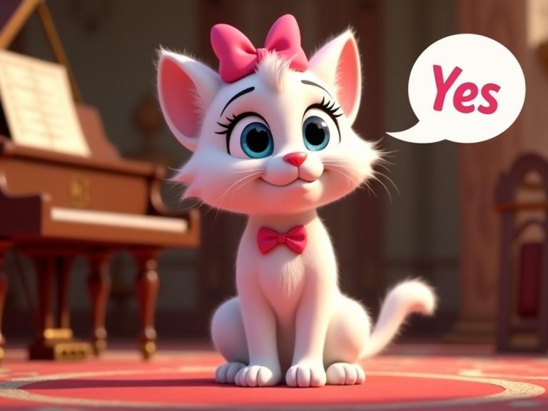 3D animated character of a white kitten with pink bows sitting in a luxurious room near a piano with a speech bubble saying Yes.