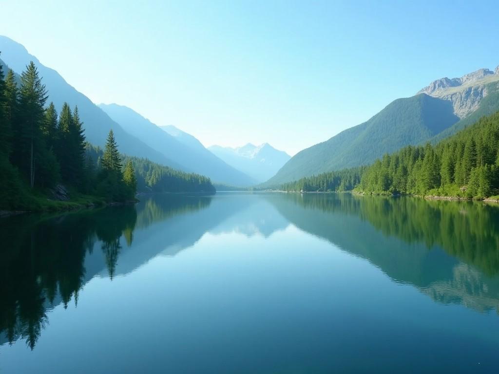 This image depicts a tranquil lake nestled among lush green forests and distant mountains. The sky above is clear and blue, emphasizing the purity of the scene. The surface of the lake is calm, mirroring the surrounding trees and peaks in perfect clarity. It evokes a sense of peace and serenity, making it an ideal spot for relaxation or recreation. The lush greenery surrounding the lake enhances the natural beauty of this stunning landscape.