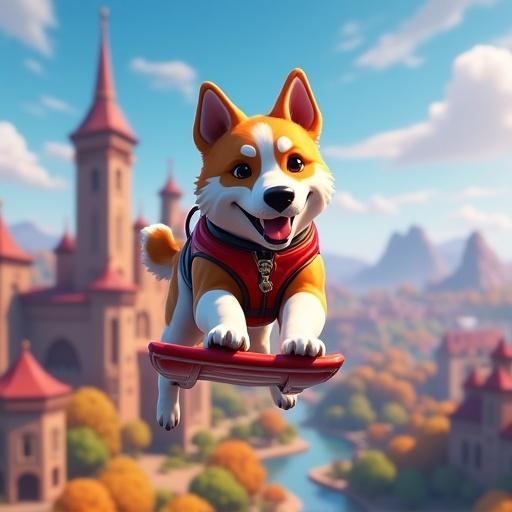 Cartoon character of a dog wearing a red harness gliding in a fantasy landscape with castles and mountains in the background.