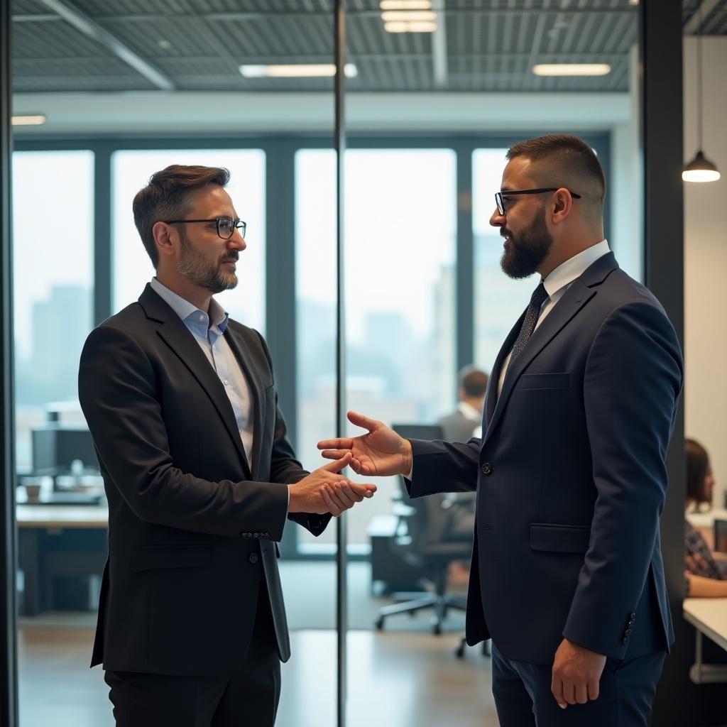 The image shows two business professionals in a modern office setting, engaging in a handshake to signify a deal or agreement. An interpreter is present, facilitating communication between them. The office is bright, featuring large windows with a view of the city skyline. The professionals are dressed in formal attire, showcasing a professional environment. The atmosphere conveys a sense of collaboration and business success.