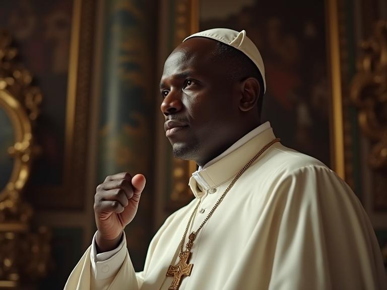 Dramatic lighting in a richly decorated church. Close-up of a male figure with black skin in papal attire. Shown in a powerful pose with a closed fist. The setting is traditional and detailed.