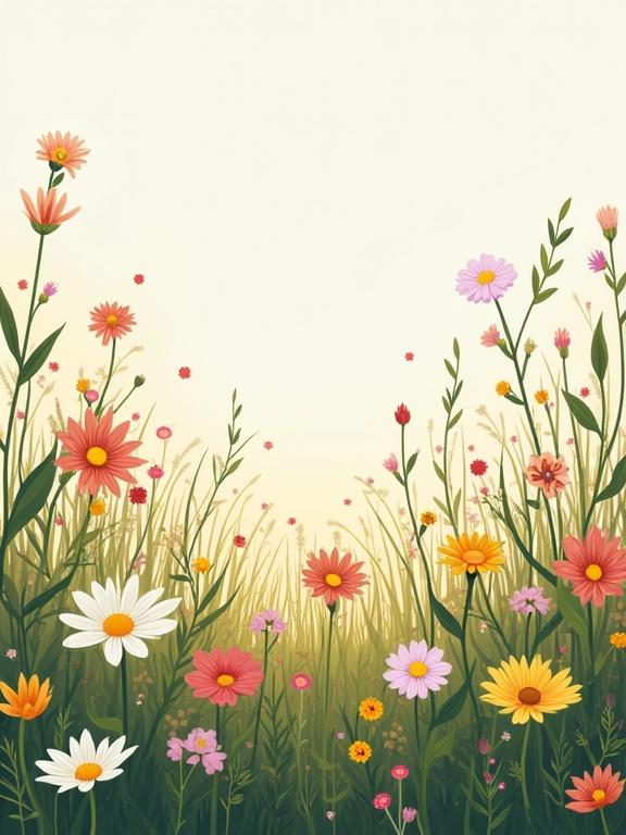 Scenic design features a field overflowing with various wildflowers. The vibrant colors and different flower types create a picturesque view. The background is soft and dreamy.