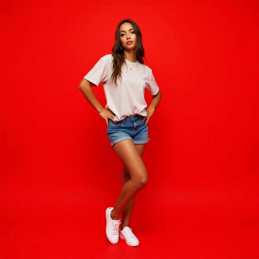 Person poses in casual outfit against a bright red background. They wear a short-sleeve shirt and denim shorts with white sneakers. The confident posture suggests personality and style.