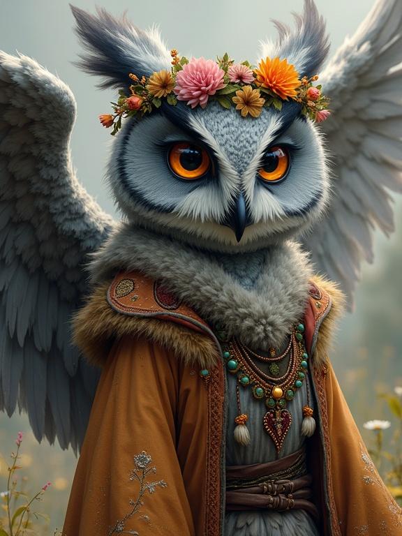 Character design of an anthropomorphic owl. Gray fur with wings instead of arms. Dressed in layered embroidered robes. Floral wreath on head. Glowing wise eyes. Draped in intricate patterns and talismans. Portrait with painterly textures and bold colors. Soft cel shading with expressive brushwork. Rim lighting highlights dramatic posture.