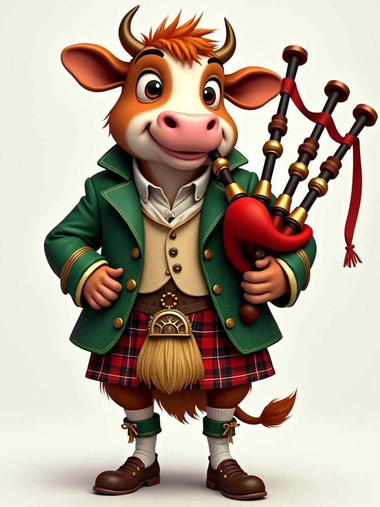 Charming anthropomorphic cow character dressed in traditional Scottish attire. Cow wears green jacket with gold trimmings and tartan kilt. Cow holds bagpipes with hooves ready to play. Character's expression suggests festive occasion celebrating Scottish culture.