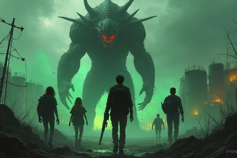 Dramatic thumbnail for a post-apocalyptic story. Barren land and blackened trees. Gray sky with radioactive clouds. Young male character Jake Carter holding a shotgun. Girl Sarah clutching a backpack. Man Ethan with military rifle. Giant monster Leviathan with glowing red eyes in the background. Abandoned factory ruins surround them. Eerie green glow from metal tanks. Barbed wire and smoke rising. Hyper-realistic art style, dark colors with green and gray tones. Faint yellow light symbolizes hope. Title 'Under the Cold Dark' in sharp, bold silver font with blood red border.