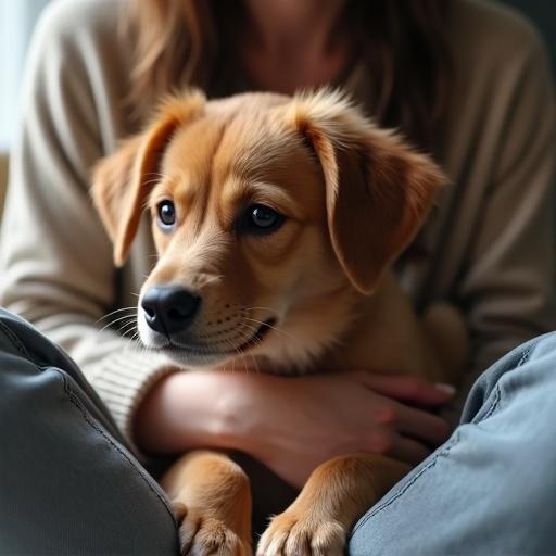 Image of a small dog sitting in a person's lap. Hands holding and petting the dog. Indoor setting with natural lighting. A warm and cozy atmosphere.