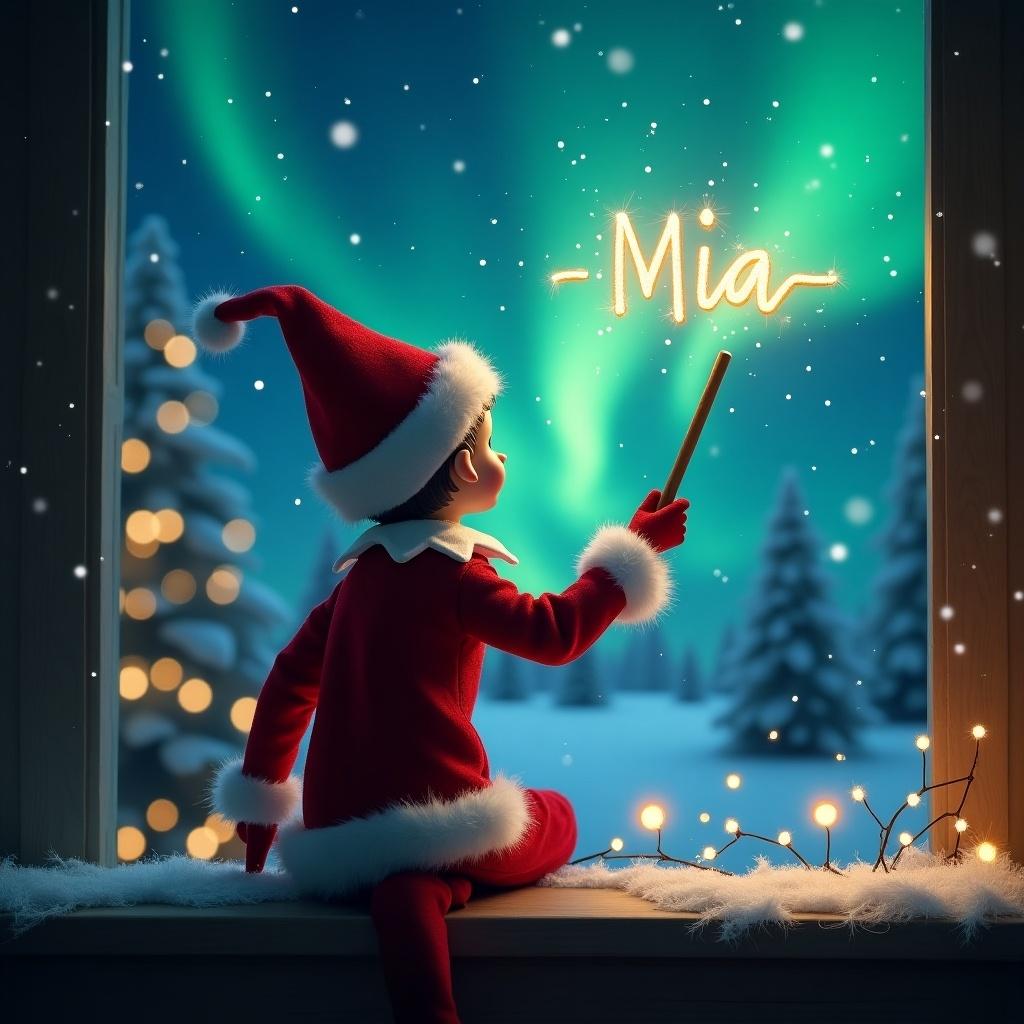 Elf character writing 'Mia' in the sky with a wand. Scene includes northern lights and snow-covered trees. Warm and magical Christmas ambiance.