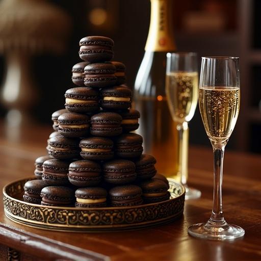 Luxurious scene with a towering display of dark-hued macarons with gold leaf. Set on an ornate tray with a pair of crystal champagne glasses. Next to an opened bottle of champagne. Intimate setting with warm light over a rich wooden table. 4K high-resolution image with ultra-sharp details.