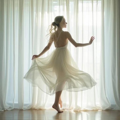 Dancer moving behind sheer curtain with flowing dress. Limbs appear soft and fluid. Light softly streams in and wraps around dancer. Music feels present but not seen. Image captures the essence of motion and elegance.