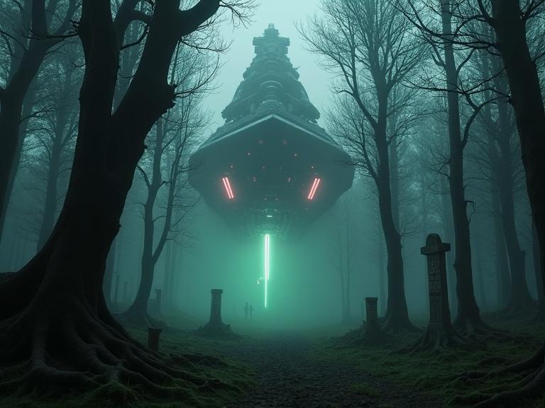 A dramatic image of a dark ancient forest with tall twisted trees. An Imperial-class Star Destroyer hovers above with faint red lights. The forest floor has moss and glowing fungi. Fog rolls along the ground hiding old stone ruins. Lighting is cinematic with dim shafts breaking through the canopy. The atmosphere feels tense and mysterious.