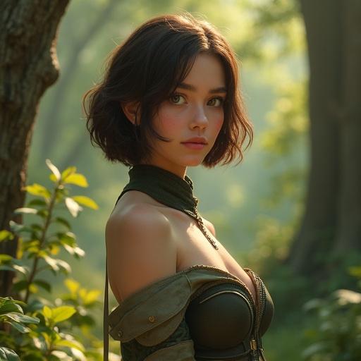 Young female soldier exuding grace and elegance. She has a standard build fair skin and bob-cut brown hair. Her large eyes convey warmth and inner strength. She wears an elegant military uniform designed for mobility and functionality with fantasy-inspired details. She stands in a lush forest surrounded by trees and sunlight filtering through leaves. She is calm and watchful.