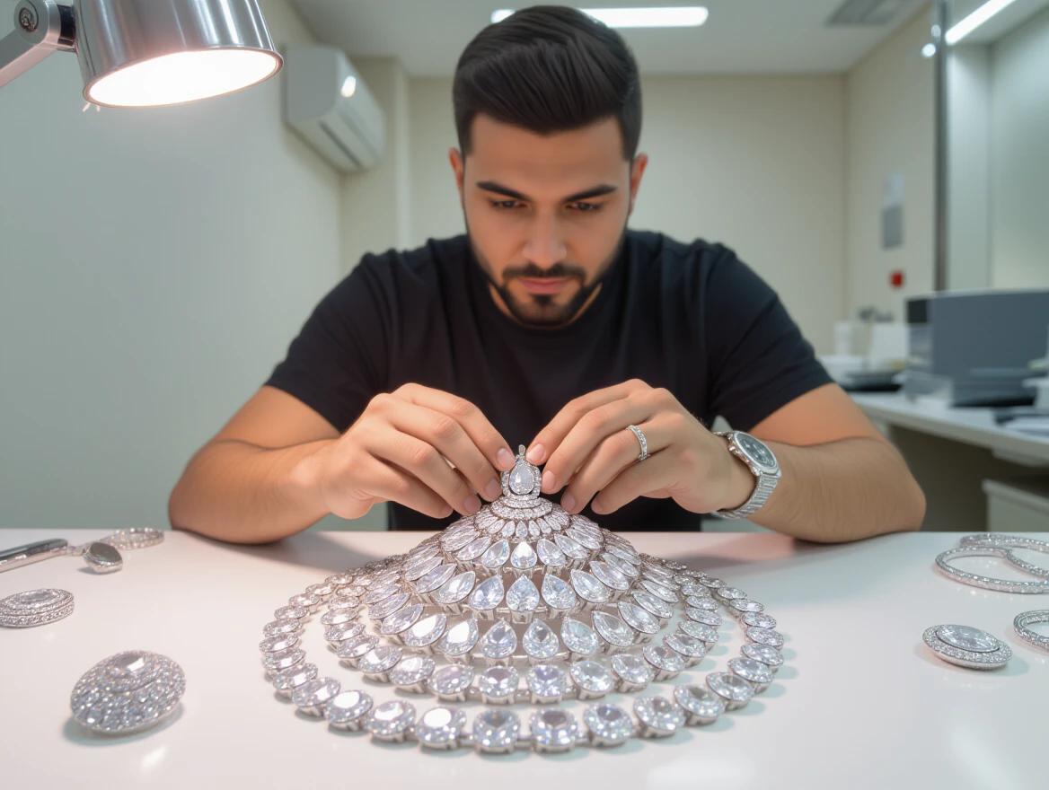 Room where jewels are made in silver. Hands of a person meticulously creating a new jewel of silver. Numerous elegant silver pieces displayed on the table. Bright lighting illuminating the workspace and shining on the jewels.