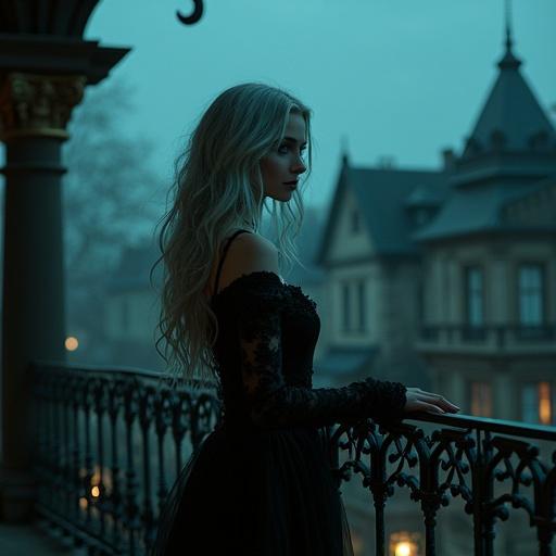 A breathtakingly beautiful mysterious woman stands on a balcony at night. She poses behind an ornate wrought iron railing. Long silver hair shimmers in soft moonlight. Emerald eyes glow faintly. Elegant dark velvet gown features intricate embroidery. Gothic Victorian houses in the background.