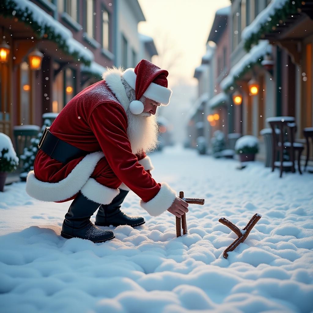 The image depicts Santa Claus in a snowy street during the holiday season. He is dressed in his iconic red and white outfit, kneeling down to write the name 'Ty' in the freshly fallen snow. The street is lined with quaint buildings, enhancing the festive atmosphere. Soft winter light creates a warm and inviting glow around him. The scene evokes feelings of joy and cheer, making it a perfect representation of the holiday spirit.