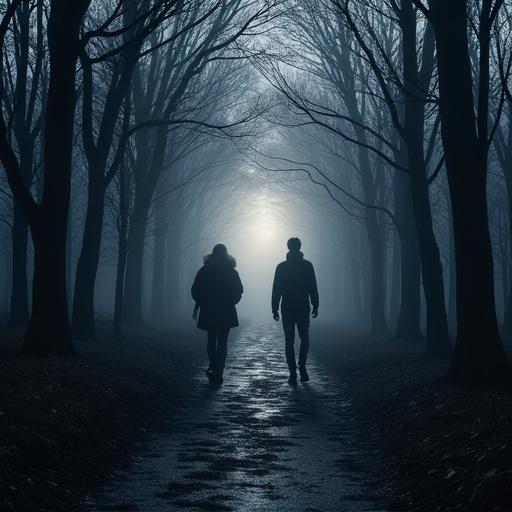 Dark EDM album cover with silhouetted figures walking on a foggy path towards a light in the distance. The scene features dark trees and a mysterious atmosphere. Text reads 'Clear A Path.'