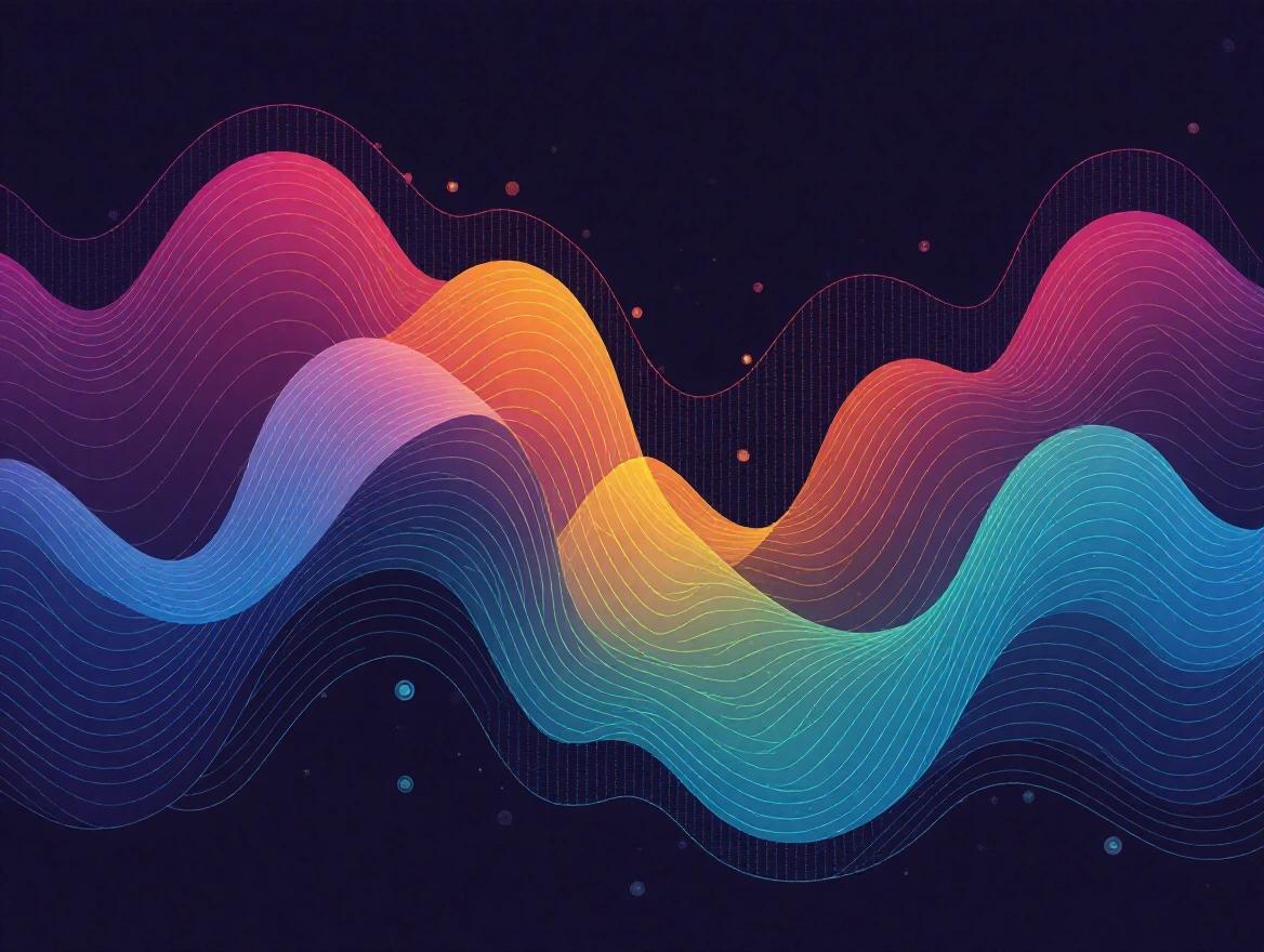 Abstract representation of hormonal changes during menopause. Dynamic, fluctuating waves represent perimenopause. Gradually calming into lower, stable line represents postmenopause. Subtle colors associated with feminine energy or biological processes.