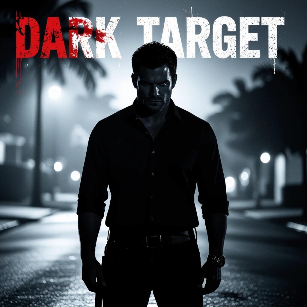 Very dark silhouette themed album cover at night in Miami. Title text is Dark Target.