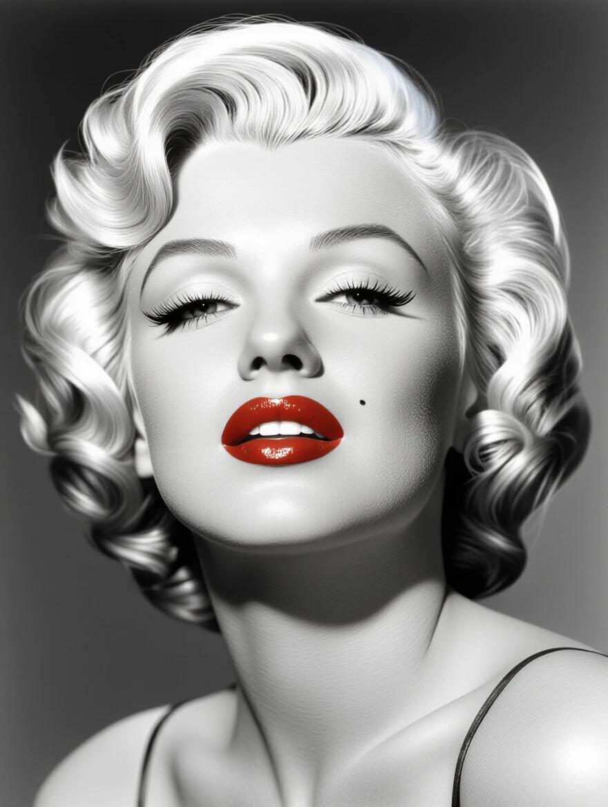 Retrato de Marilyn Monroe en blanco y negro con labios rojos. Retrato icónico con glamour.