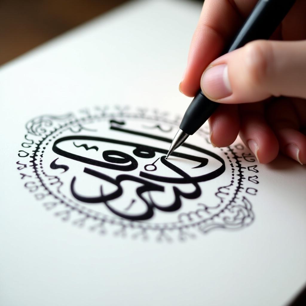 Close-up view of hand using pen to write Arabic calligraphy. Bold black ink on white paper. Hand is steady and focused on letters. Designs surround the main calligraphy. Soft lighting enhances the details.