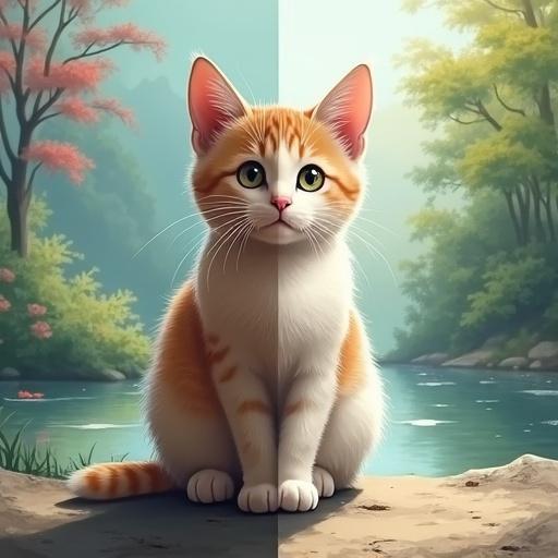 A cat is shown in a split-screen design. One half of the cat is painterly with soft details. The other half is vibrant and clean. The background is divided. One side has an atmospheric landscape with diffused light. The other side shows a bright, stylized scene.