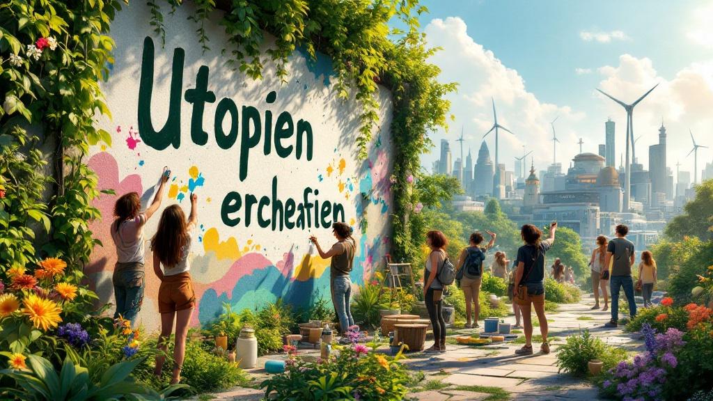 A vibrant and optimistic Solarpunk scene shows a group of young activists painting a wall with the words 'Utopien erschaffen'. The environment features lush greenery with flowers, futuristic eco-friendly architecture, wind turbines, and solar panels. Children wear colorful clothes, displaying creativity and joy amidst a sunlit urban landscape. The mood is full of life and inspiration.