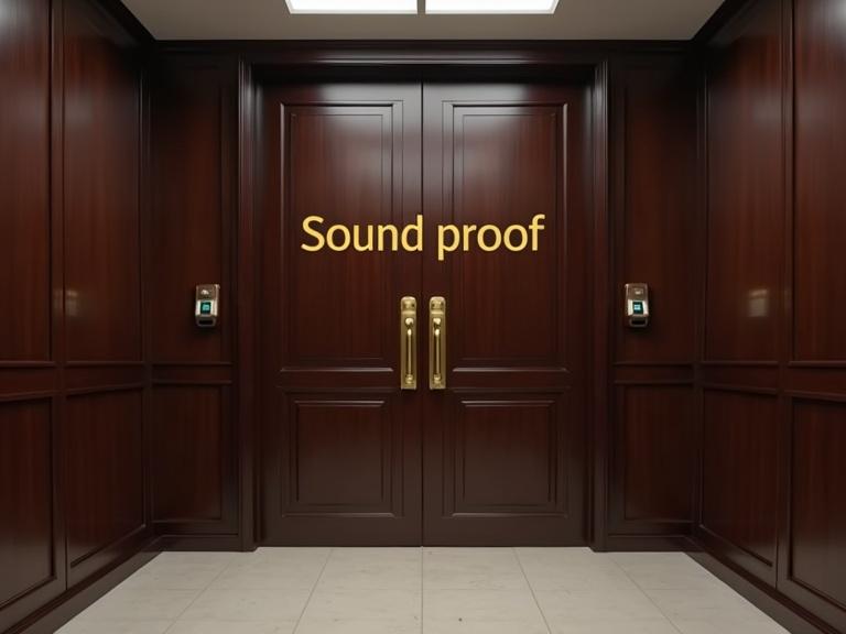 Tall dark wooden security doors. Long golden handles. Golden seal on the left. Biometric scanner on the right. Bold golden text says 'Sound proof'. Modern high-security hallway. Wooden wall panels. Clean tiled floor. Cool overhead lighting. Photo-realistic style. Formal atmosphere.