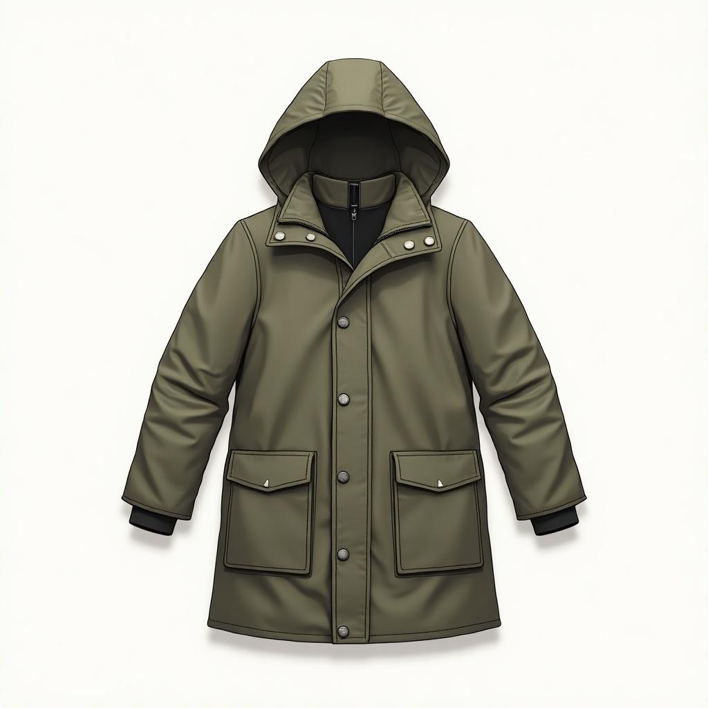 This image showcases a 2D template of a parka jacket. The design features an olive green color, perfect for casual wear. It has a comfortable hood and two front pockets, making it functional. The jacket is lined with black, adding a stylish contrast. Ideal for fashion illustrations and design presentations, this template is versatile for various uses.