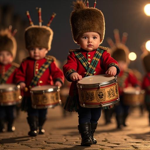 Highly detailed photograph captures babies in military parade uniforms marching. Babies play drums and bagpipes in a lit stone courtyard. The scene evokes a ceremonial atmosphere with crowds and torches in the background.