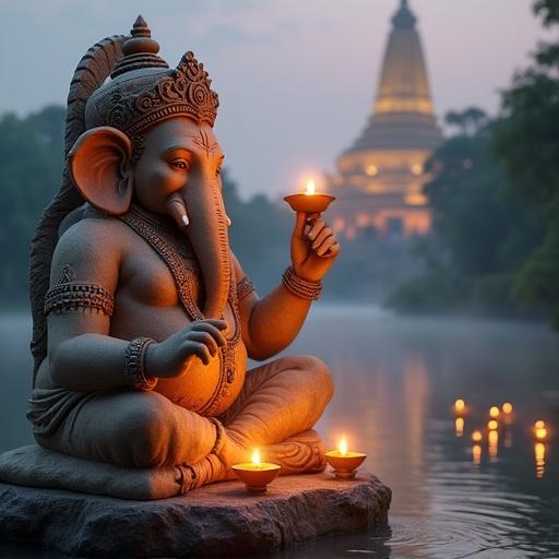 Image at dusk featuring large Lord Ganesha sandstone statue on stone pedestal. Surrounded by lit oil lamps. Distant ancient temple with golden spires. Misty river with floating lamps and lush greenery.