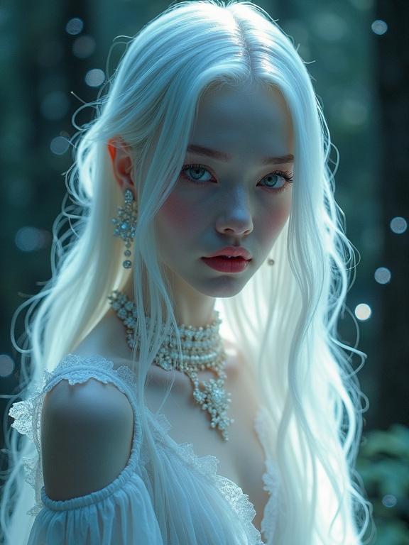 A young albino woman with porcelain skin and long white hair gazes at the viewer. She has pink-tinted eyes and contrasting black lips. Elegant silver jewelry adorns her. The background features a dark forest with sparkling lights. A cool, moonlit hue enhances her ethereal presence. She wears a transparent white dress, emphasizing gracefulness. Subtle Art Nouveau influences are visible.