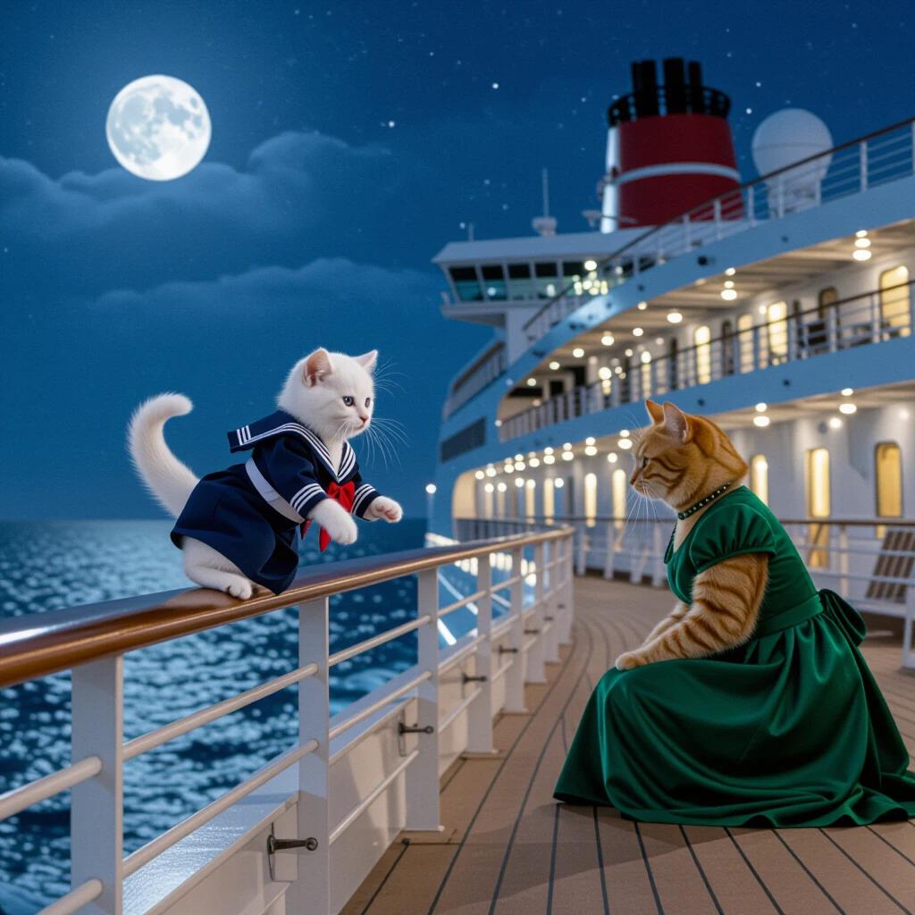 White kitten in sailor outfit falls from large cruise ship at night. Ginger cat in emerald green dress watches from deck above. Scene illuminated by full moon, photorealistic cinematic style.