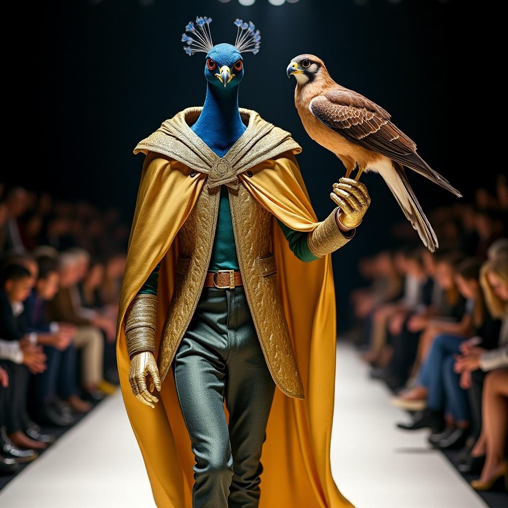 A regal peacock-human strides confidently down the runway, adorned in iridescent gold and sapphire feathers paired with a flowing golden cape. Beside them, a sharp-eyed falcon, perched prominently on a gilded glove, surveys the crowd with intensity. This striking duo embodies a confrontation between dazzling beauty and fierce precision. The scene is set in a competitive atmosphere against another hybrid, symbolizing brute strength. The peacock-human stands out with pride, showcasing elegance as the falcon complements their dominance.