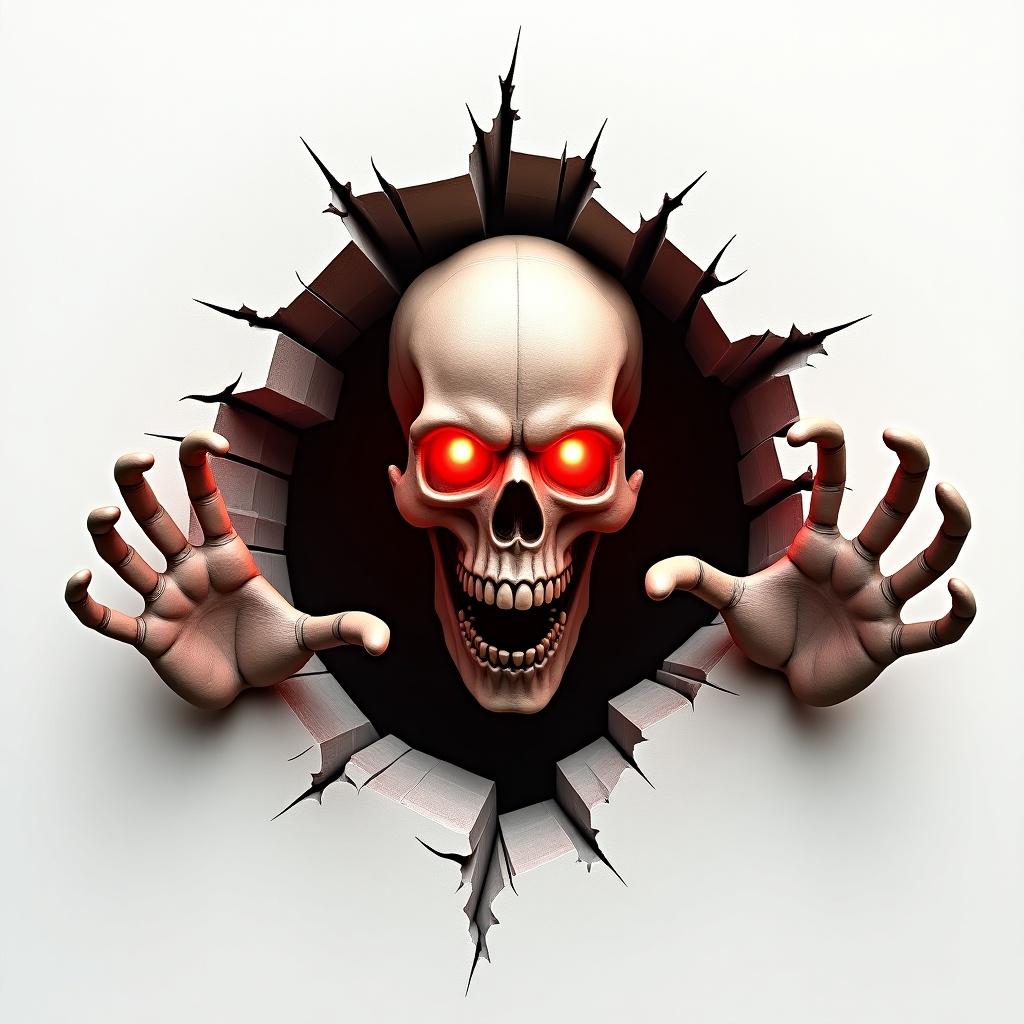 A 3D render of a skull with glowing red eyes breaking through a crumbling wall. The background is white, contrasting with vibrant orange and red shades. The mood is eerie and suspenseful.