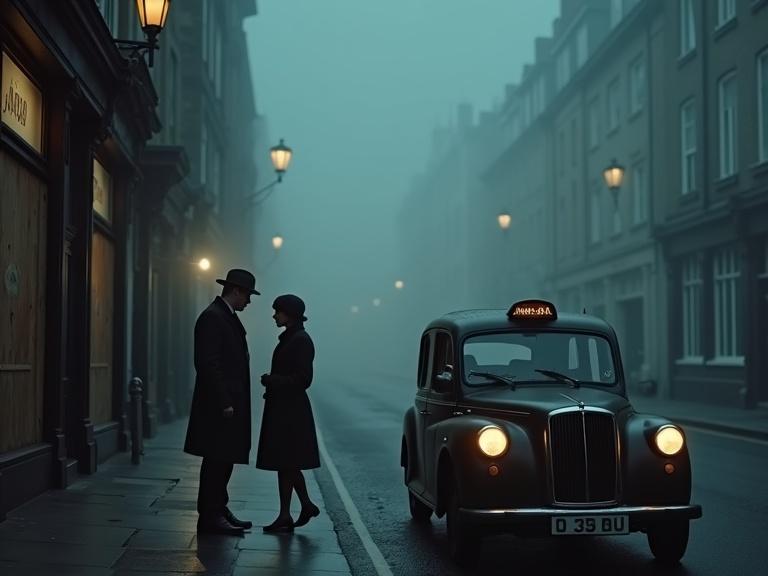 Foggy street in post-World War I London at dusk. Gas lamps glowing through mist. Boarded-up shops in the background. Two figures exchanging whispers. A battered taxi nearby. They hold a telegram about Jane Finn. Atmosphere filled with secrecy and determination.