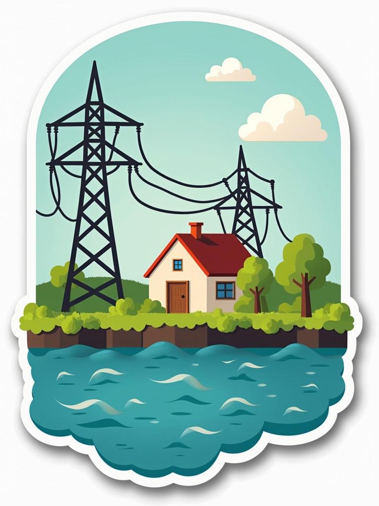 Sticker design featuring a house next to water. Power lines and towers in the background. Bright colors and fun style. Suitable for utility companies promoting their message. Emphasizes community support and energy transmission.