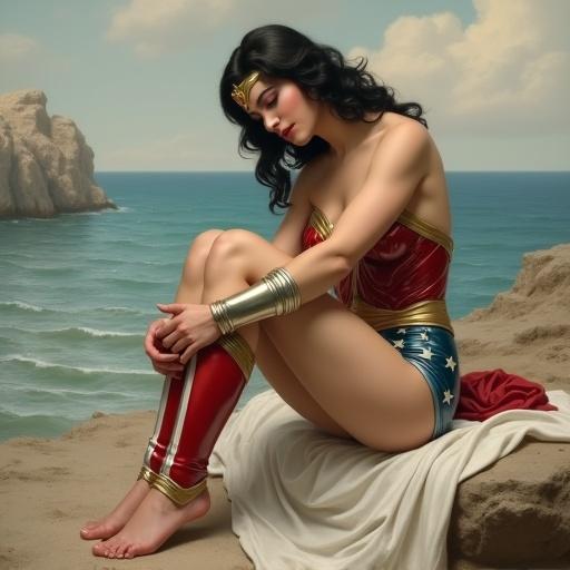 Digital artwork blending pop culture and classical art. Shows Wonder Woman in a serene pose by the seaside, echoing Bouguereau's 1870 painting 'The Bather'. Focus on introspective moment and soft, realistic style.