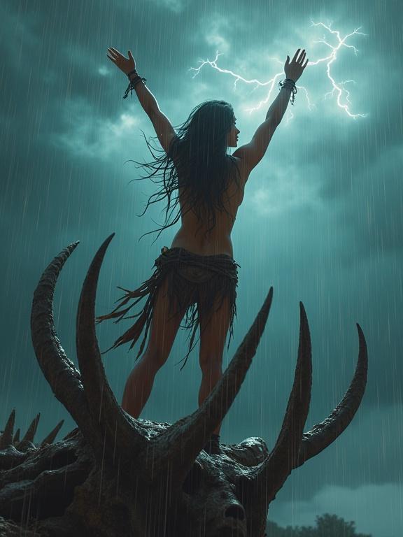 Tribal princess atop skeletal remains of a beast raises arms to storm sky. Leather loincloth flutters. Lightning illuminates glistening body. Sweat and rain mix. Fierce gaze shows power of ancestors. Presence feels unshakable like storm.