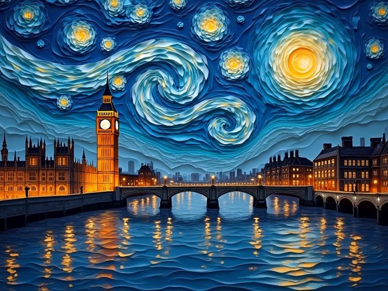 3D origami paper folds create a vibrant panorama of London skyline at night. Layered texturing resembles Van Gogh's style with thick paint layers. Illuminated cityscape includes Big Ben, Tower of London, and river reflections under a full moon. Metallic colors and dramatic visuals enhance the beauty of the scene.