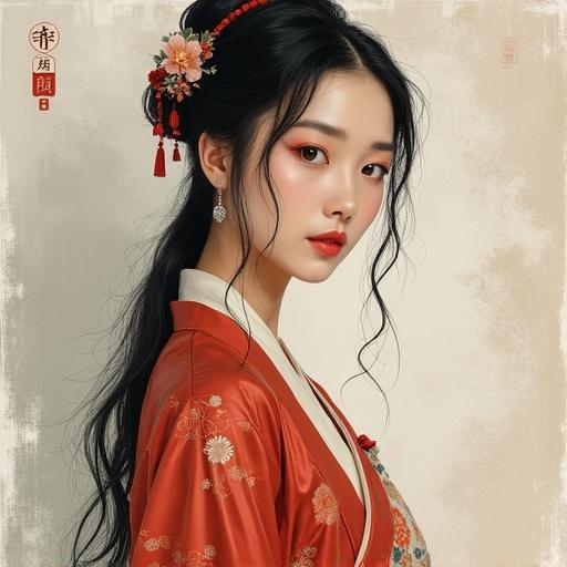 A woman in traditional Korean clothing with a side profile. Painterly style emphasizing elegance and beauty. Soft light highlighting features. Hair adorned with decorative accessories.