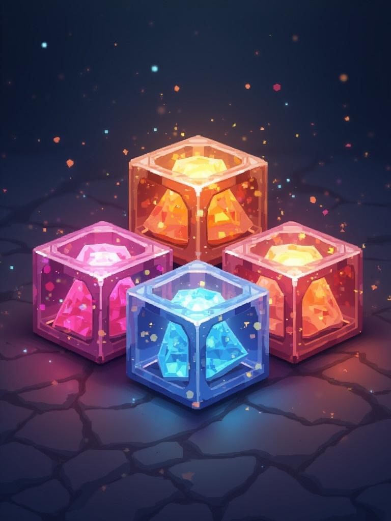 Colorful gem blocks produced by melting glowstone. Blocks display unique sparkling effects and vivid colors. Four distinct gems positioned to showcase their glow. Background is dark to enhance their brightness.