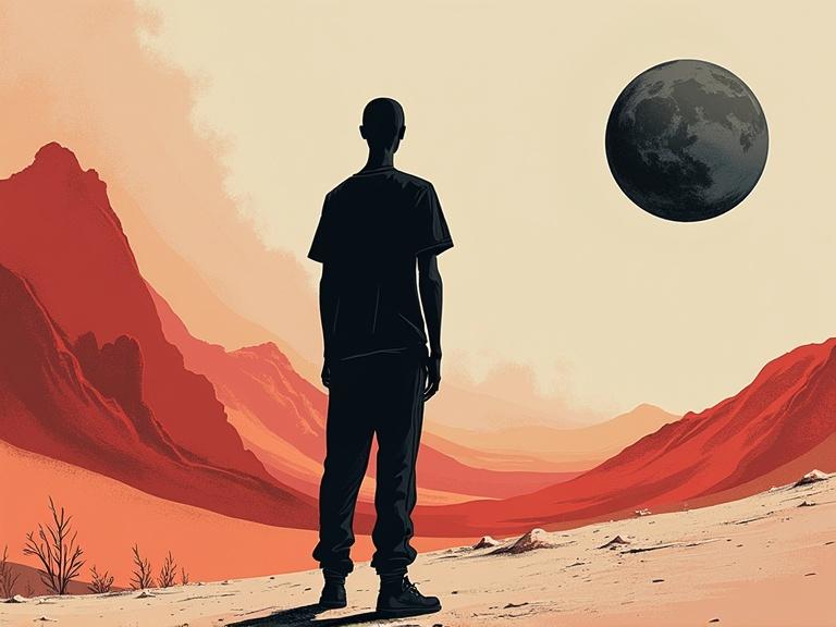 Minimalist faceless silhouette in futuristic landscape with sharp contrasts. Mannequin in t-shirt and sweatpants stands in outer space. Emotive and surreal atmosphere with clean negative space.