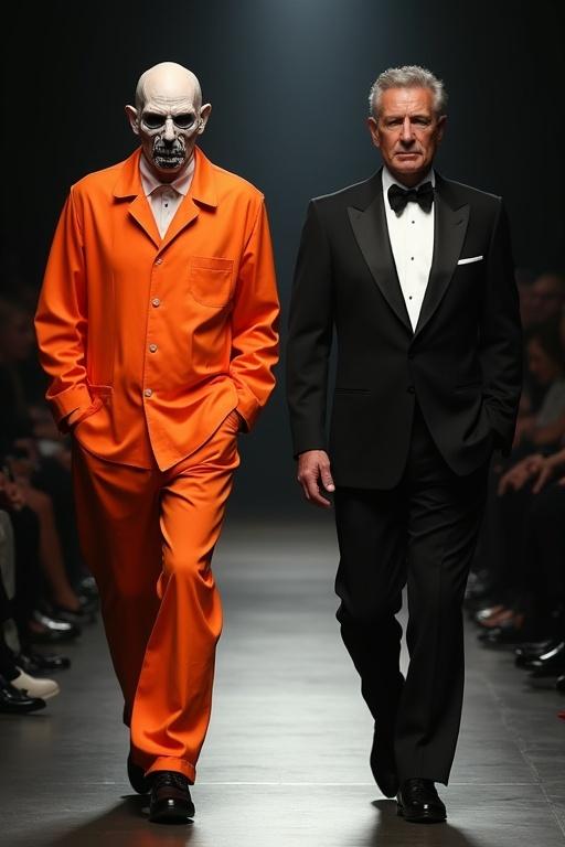 Ultra-realistic fashion runway scene featuring a sinister figure in orange prison jumpsuit walking beside a mature male celebrity in a tuxedo. Intense eyes and chilling muzzle mask contrast with the elegant black tuxedo. Moody ambient lighting, soft spotlight, glossy runway floor reflecting the figures. Focus on facial realism and fabric textures, highlighting the contrast of horror and high fashion.