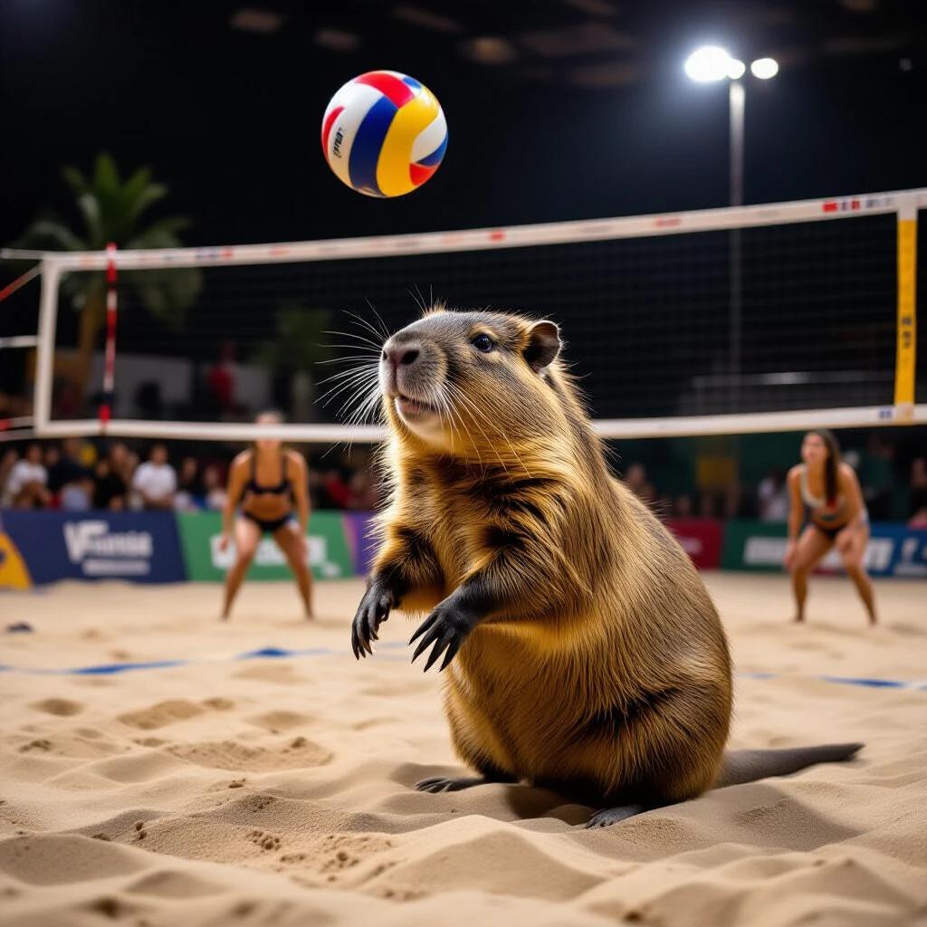 Capybara on a sandy volleyball court at night. Capybara stands on hind legs. Volleyball is airborne. Players in the background engaged in the game.